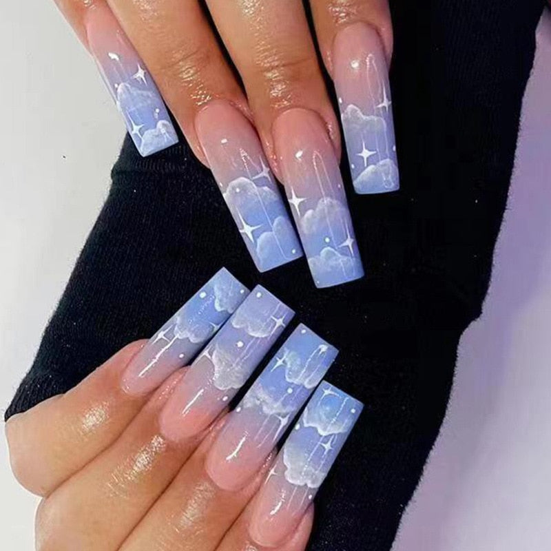 24Pcs Full Cover False Nails with Glue Extra Long Ballerina Coffin Detachable Fake Nails Flower Design Press on Nails Manicure 178