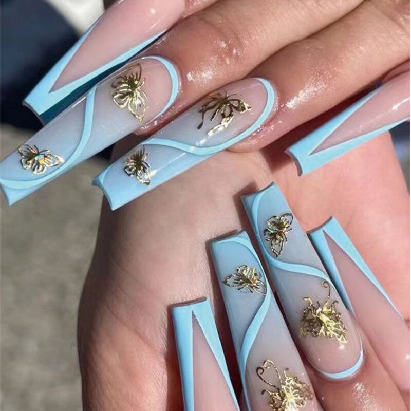 24Pcs Full Cover False Nails with Glue Extra Long Ballerina Coffin Detachable Fake Nails Flower Design Press on Nails Manicure 1711