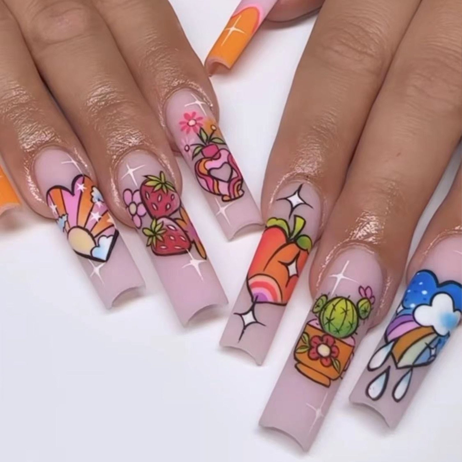 24Pcs Full Cover False Nails with Glue Extra Long Ballerina Coffin Detachable Fake Nails Flower Design Press on Nails Manicure CJ-04