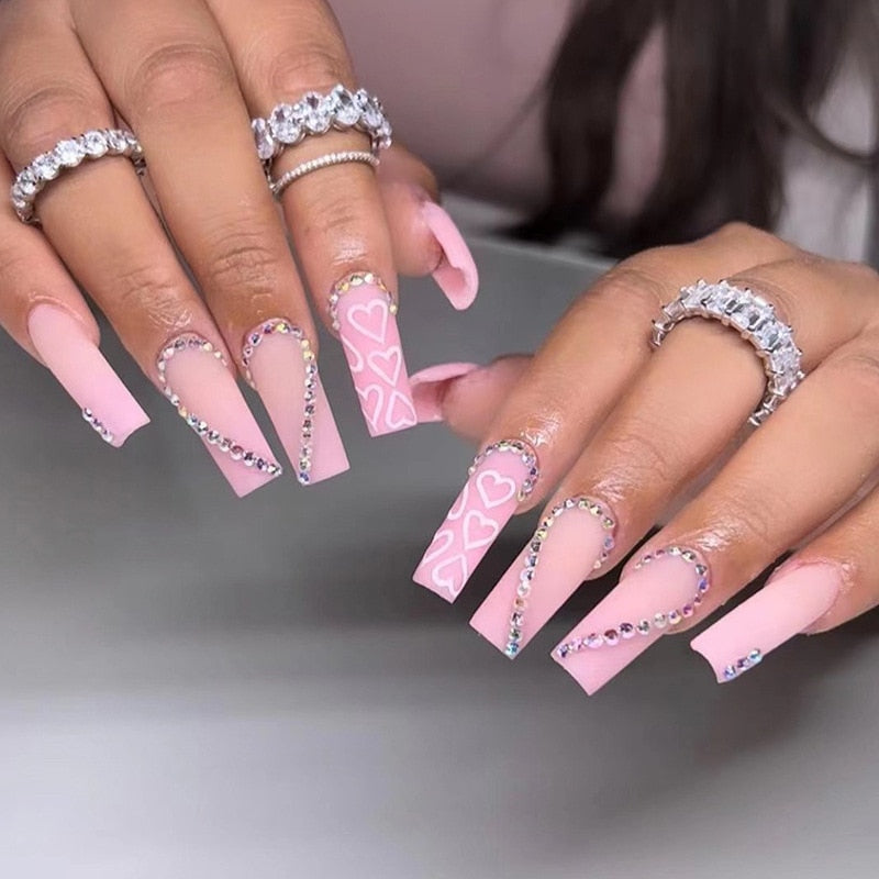 24Pcs Full Cover False Nails with Glue Extra Long Ballerina Coffin Detachable Fake Nails Flower Design Press on Nails Manicure
