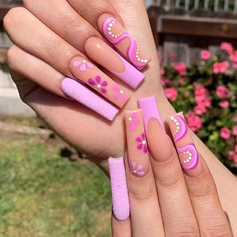 24Pcs Full Cover False Nails with Glue Extra Long Ballerina Coffin Detachable Fake Nails Flower Design Press on Nails Manicure 185