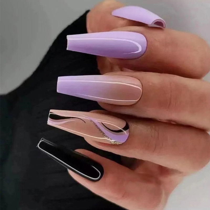 24Pcs Full Cover False Nails with Glue Extra Long Ballerina Coffin Detachable Fake Nails Flower Design Press on Nails Manicure 2012
