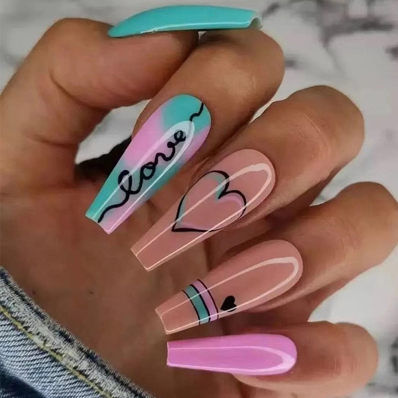 24Pcs Full Cover False Nails with Glue Extra Long Ballerina Coffin Detachable Fake Nails Flower Design Press on Nails Manicure 2015