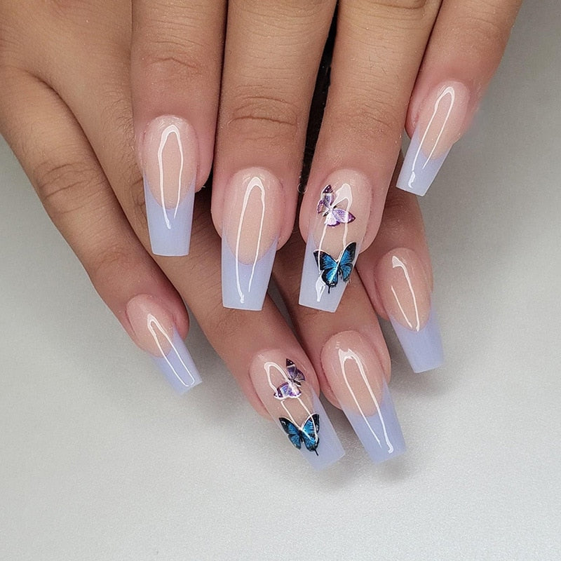 24Pcs Full Cover False Nails with Glue Extra Long Ballerina Coffin Detachable Fake Nails Flower Design Press on Nails Manicure 30