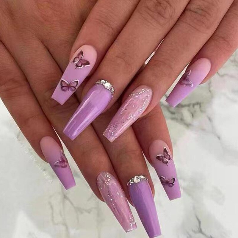 24Pcs Full Cover False Nails with Glue Extra Long Ballerina Coffin Detachable Fake Nails Flower Design Press on Nails Manicure 415