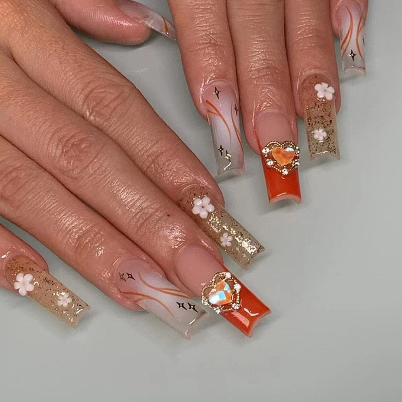 24Pcs Full Cover False Nails with Glue Extra Long Ballerina Coffin Detachable Fake Nails Flower Design Press on Nails Manicure 509