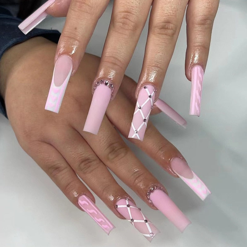 24Pcs Full Cover False Nails with Glue Extra Long Ballerina Coffin Detachable Fake Nails Flower Design Press on Nails Manicure 497