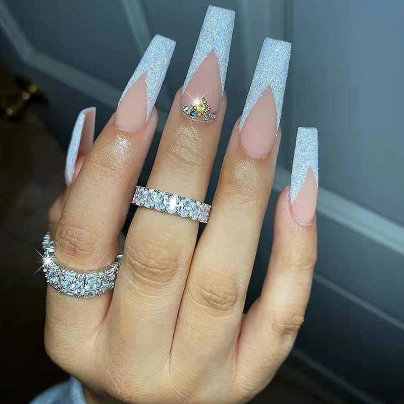 24Pcs Full Cover False Nails with Glue Extra Long Ballerina Coffin Detachable Fake Nails Flower Design Press on Nails Manicure 165