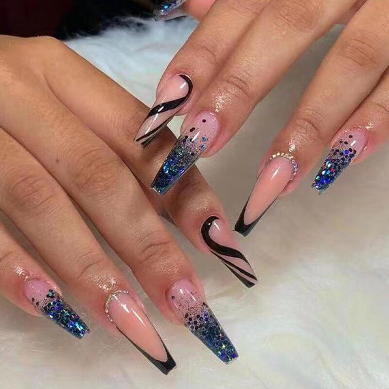 24Pcs Full Cover False Nails with Glue Extra Long Ballerina Coffin Detachable Fake Nails Flower Design Press on Nails Manicure 385