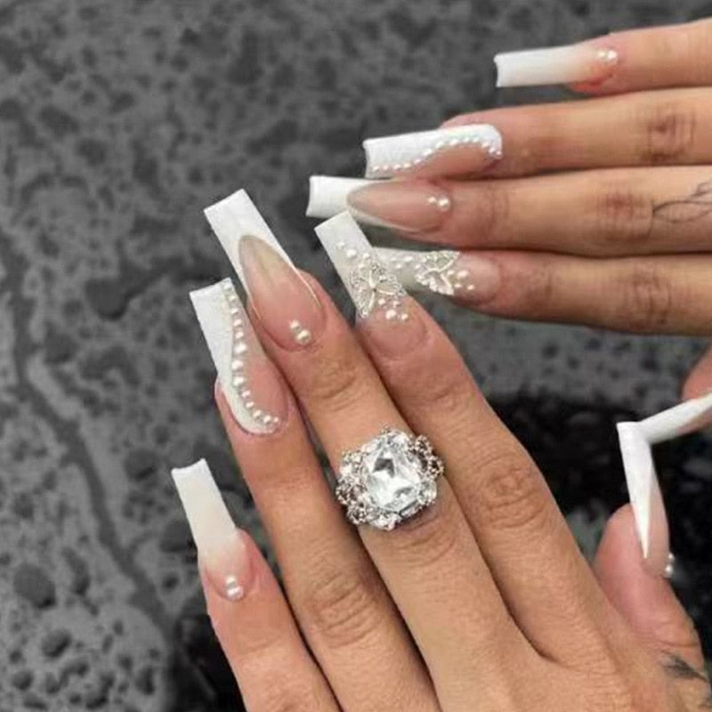 24Pcs Full Cover False Nails with Glue Extra Long Ballerina Coffin Detachable Fake Nails Flower Design Press on Nails Manicure 543