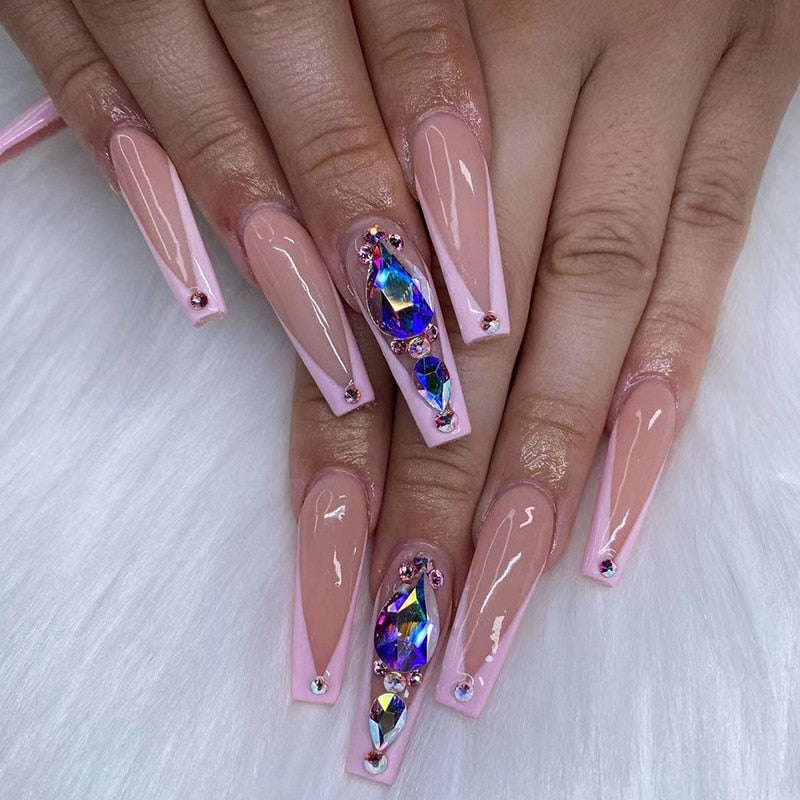 24Pcs Full Cover False Nails with Glue Extra Long Ballerina Coffin Detachable Fake Nails Flower Design Press on Nails Manicure 1718