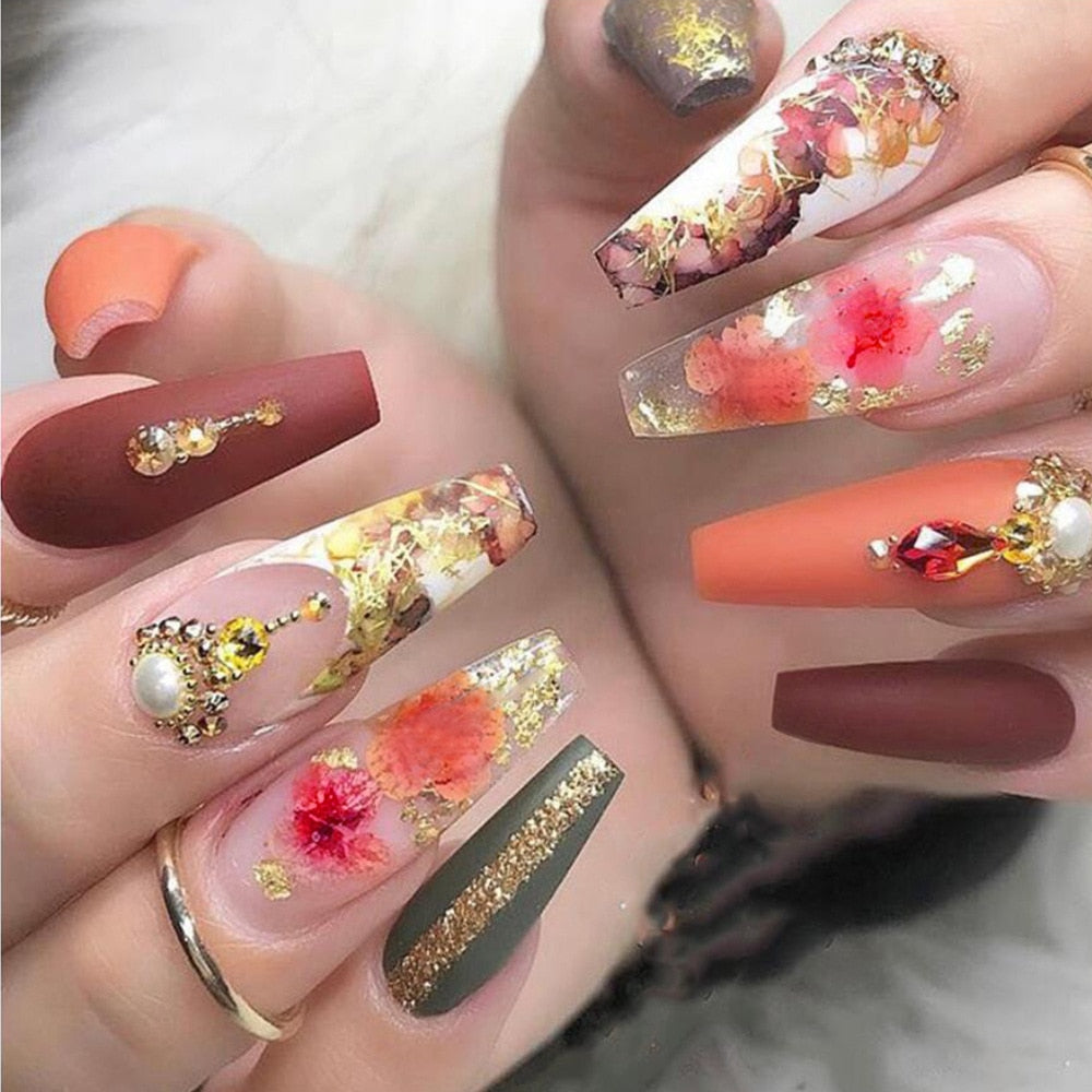 24Pcs Full Cover False Nails with Glue Extra Long Ballerina Coffin Detachable Fake Nails Flower Design Press on Nails Manicure 2966