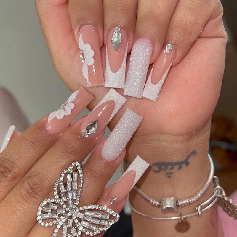 24Pcs Full Cover False Nails with Glue Long Square Coffin Fake Nails French Detachable Ballet Love Pattern Design Press on Nails 2269