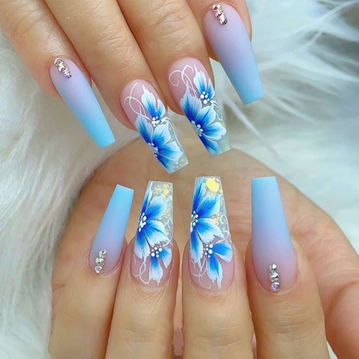 24Pcs Full Cover False Nails with Glue Long Square Coffin Fake Nails French Detachable Ballet Love Pattern Design Press on Nails 0573