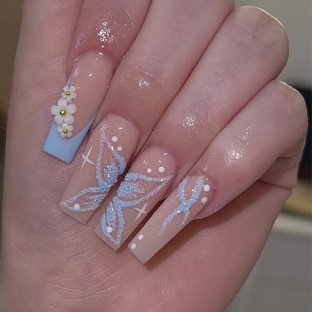 24Pcs Full Cover False Nails with Glue Long Square Coffin Fake Nails French Detachable Ballet Love Pattern Design Press on Nails XY-51-09