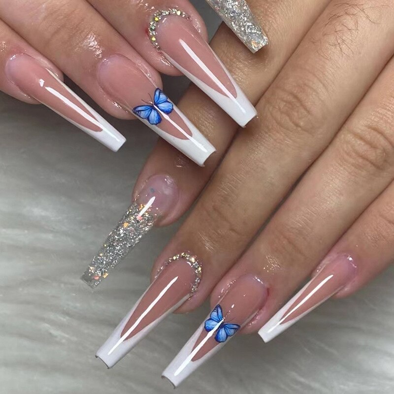 24Pcs Full Cover False Nails with Glue Long Square Coffin Fake Nails French Detachable Ballet Love Pattern Design Press on Nails 630