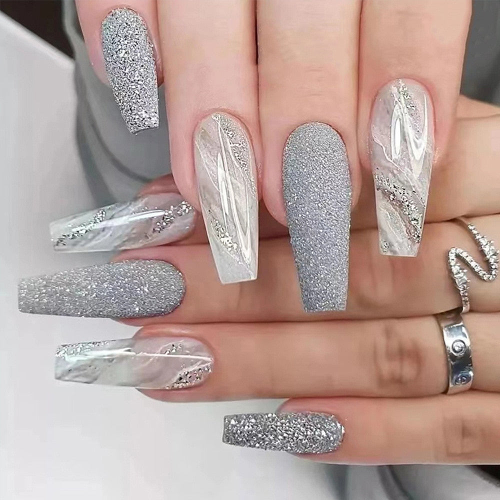 24Pcs Full Cover False Nails with Glue Long Square Coffin Fake Nails French Detachable Ballet Love Pattern Design Press on Nails 261
