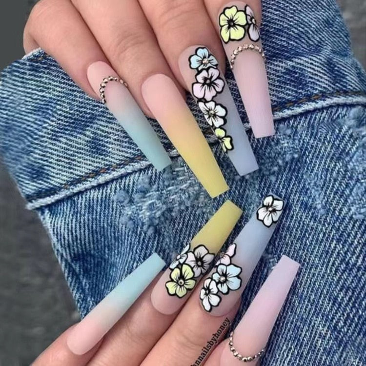 24Pcs Full Cover False Nails with Glue Long Square Coffin Fake Nails French Detachable Ballet Love Pattern Design Press on Nails M079