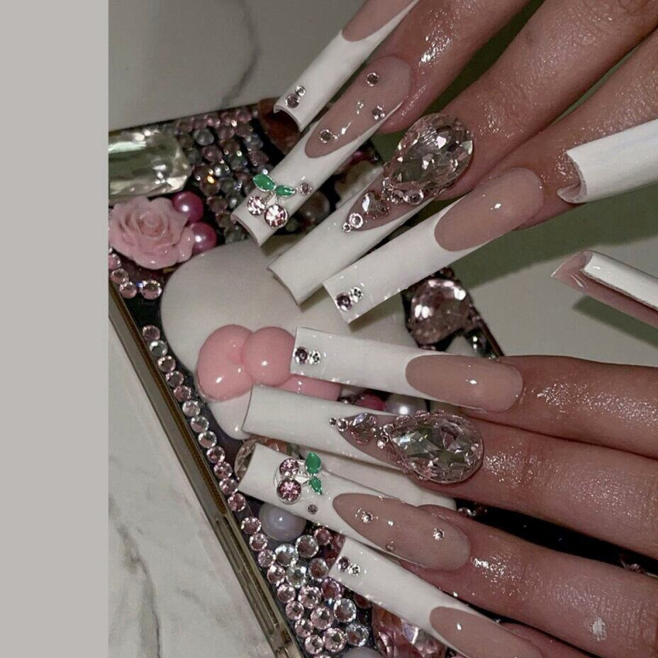 24Pcs Full Cover False Nails with Glue Long Square Coffin Fake Nails French Detachable Ballet Love Pattern Design Press on Nails 336