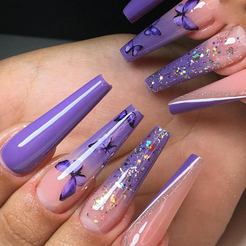 24Pcs Full Cover False Nails with Glue Long Square Coffin Fake Nails French Detachable Ballet Love Pattern Design Press on Nails 483