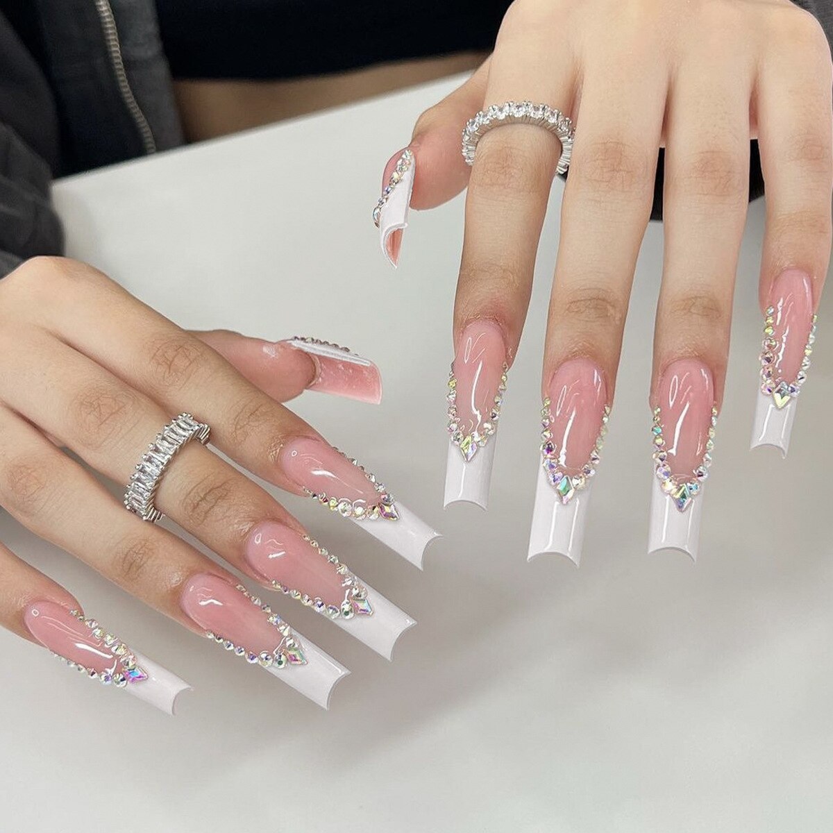 24Pcs Full Cover False Nails with Glue Long Square Coffin Fake Nails French Detachable Ballet Love Pattern Design Press on Nails XY-32-27