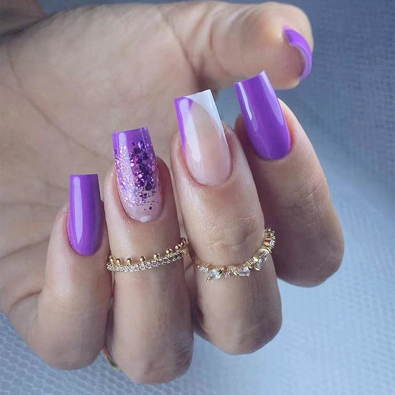 24Pcs Full Cover False Nails with Glue Long Square Coffin Fake Nails French Detachable Ballet Love Pattern Design Press on Nails 053