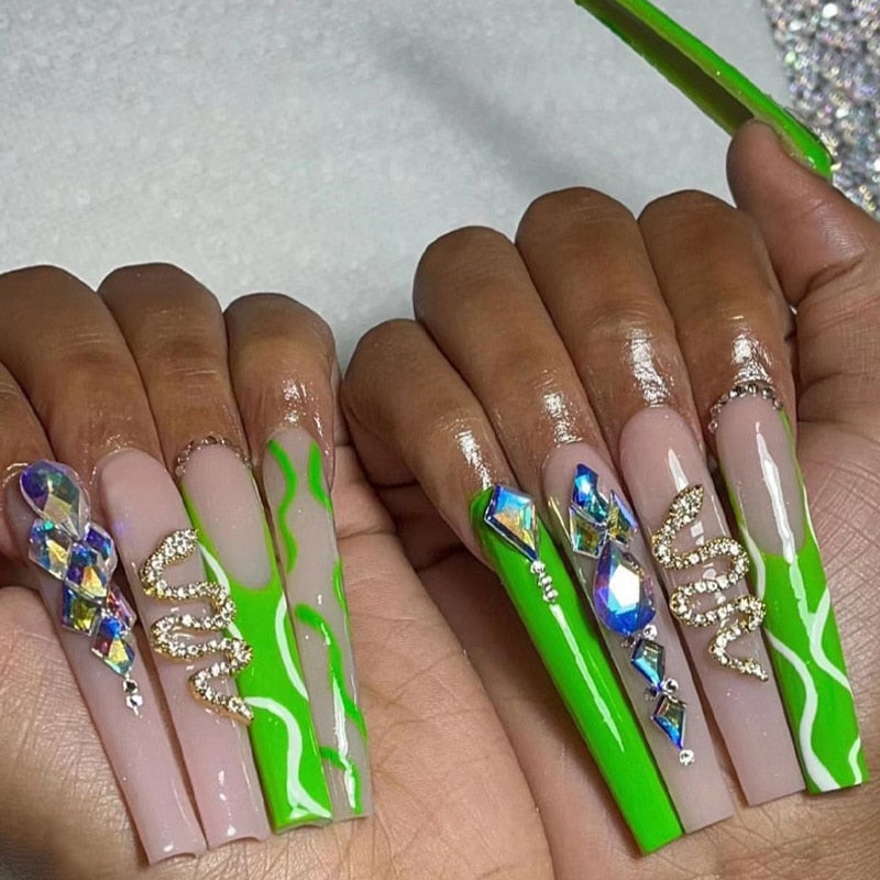 24Pcs Full Cover False Nails with Glue Long Square Coffin Fake Nails French Detachable Ballet Love Pattern Design Press on Nails 2383