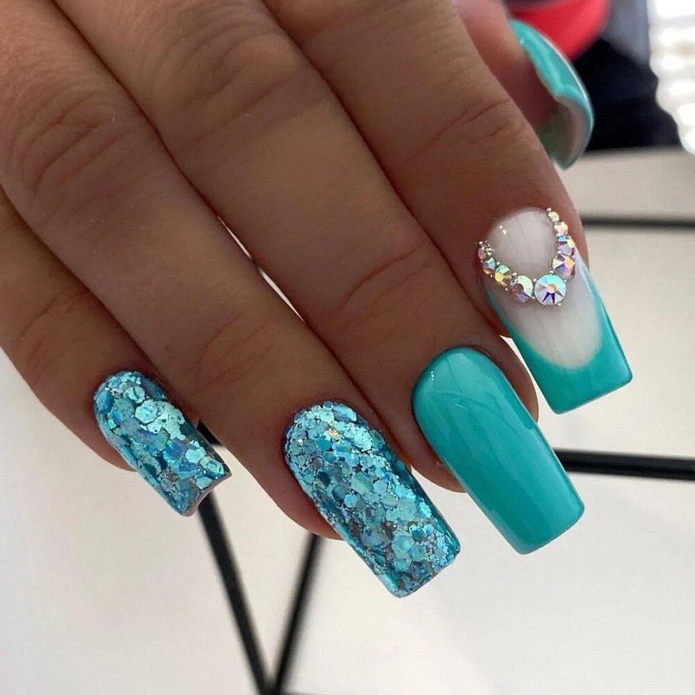 24Pcs Full Cover False Nails with Glue Long Square Coffin Fake Nails French Detachable Ballet Love Pattern Design Press on Nails 122