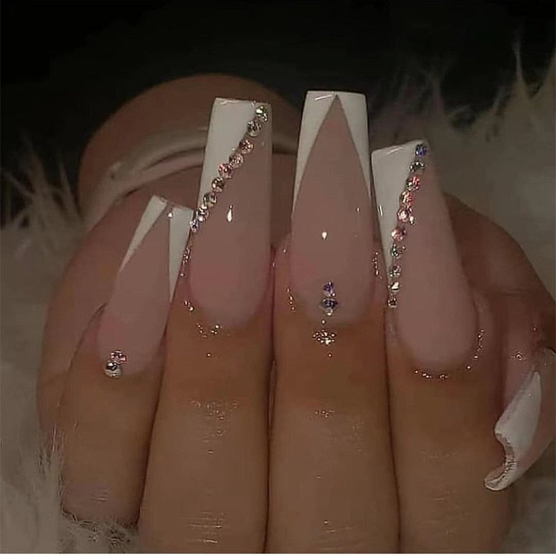 24Pcs Full Cover False Nails with Glue Long Square Coffin Fake Nails French Detachable Ballet Love Pattern Design Press on Nails 036