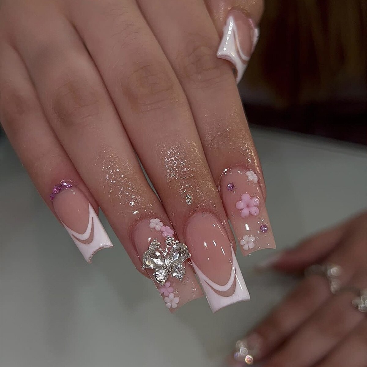 24Pcs Full Cover False Nails with Glue Long Square Coffin Fake Nails French Detachable Ballet Love Pattern Design Press on Nails XY-50-14