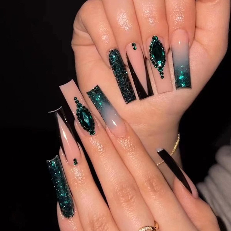 24Pcs Full Cover False Nails with Glue Long Square Coffin Fake Nails French Detachable Ballet Love Pattern Design Press on Nails 664