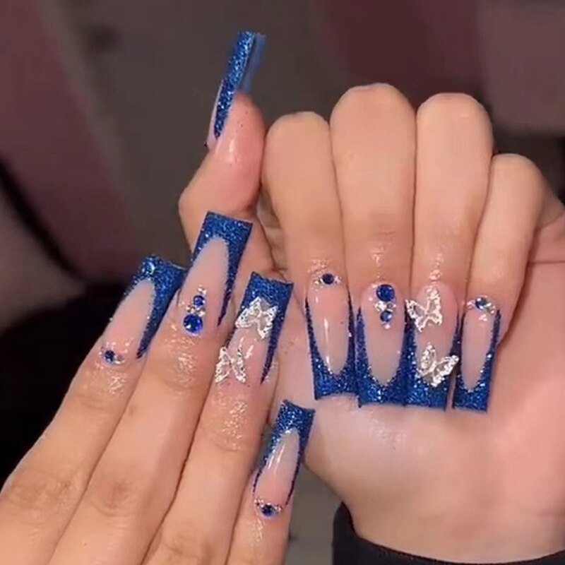 24Pcs Full Cover False Nails with Glue Long Square Coffin Fake Nails French Detachable Ballet Love Pattern Design Press on Nails 632
