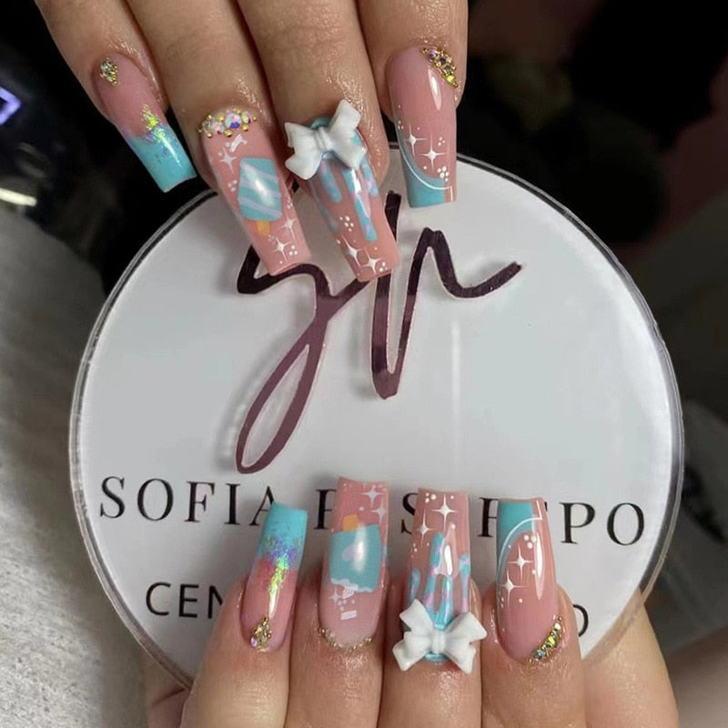 24Pcs Full Cover False Nails with Glue Long Square Coffin Fake Nails French Detachable Ballet Love Pattern Design Press on Nails 707