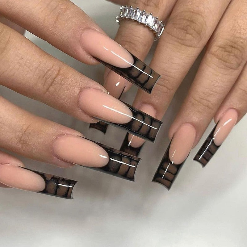 24Pcs Full Cover False Nails with Glue Long Square Coffin Fake Nails French Detachable Ballet Love Pattern Design Press on Nails 043