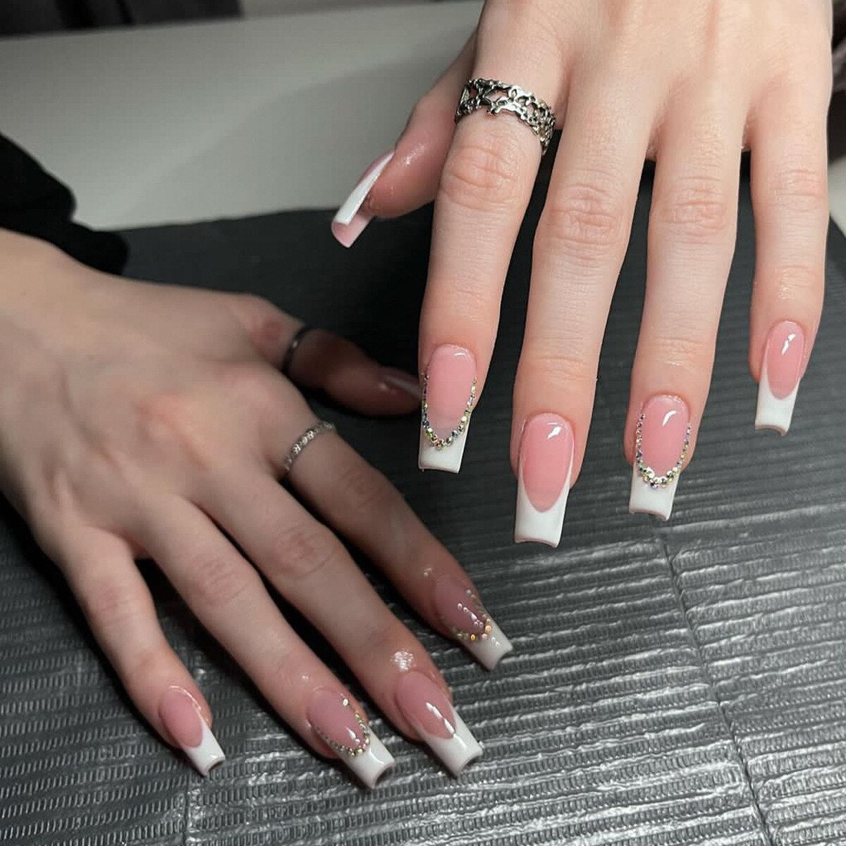 24Pcs Full Cover False Nails with Glue Long Square Coffin Fake Nails French Detachable Ballet Love Pattern Design Press on Nails XY-30-04