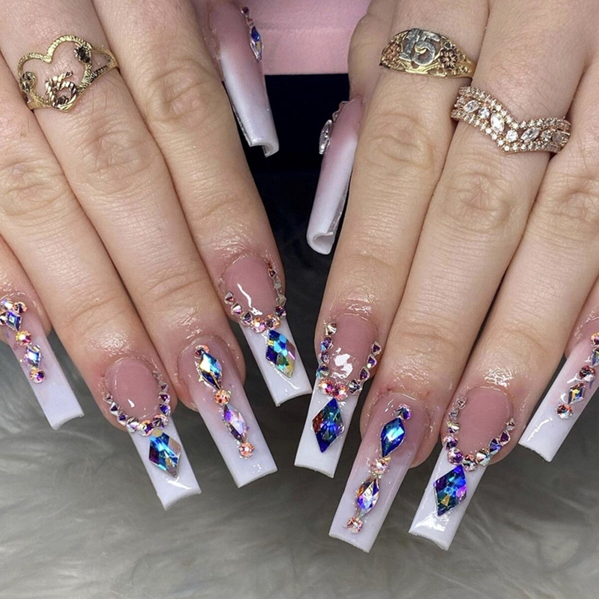 24Pcs Full Cover False Nails with Glue Long Square Coffin Fake Nails French Detachable Ballet Love Pattern Design Press on Nails XY-35-14