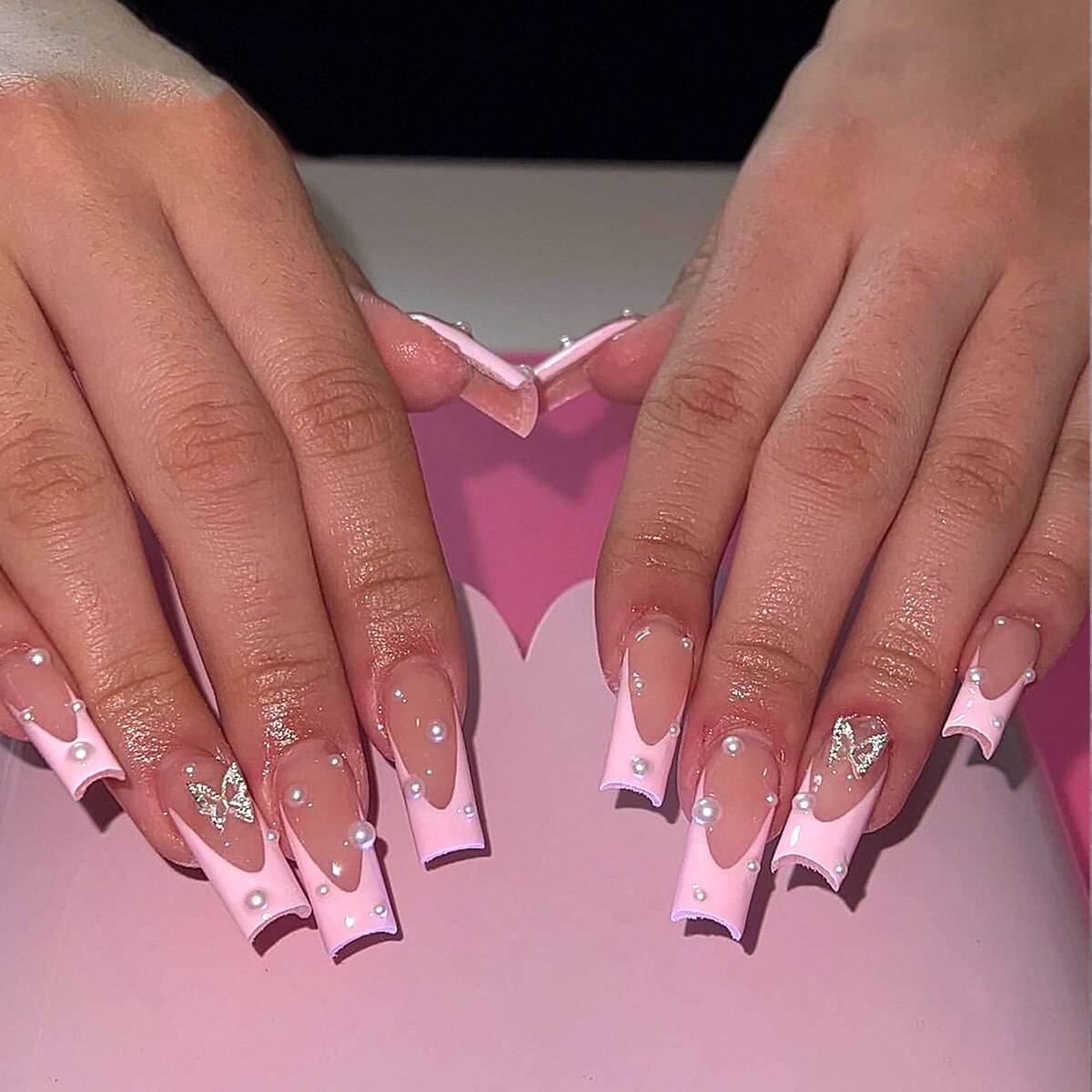 24Pcs Full Cover False Nails with Glue Long Square Coffin Fake Nails French Detachable Ballet Love Pattern Design Press on Nails XY-50-32
