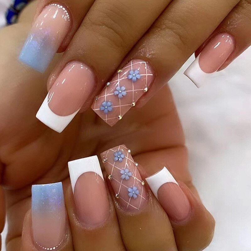 24Pcs Full Cover False Nails with Glue Long Square Coffin Fake Nails French Detachable Ballet Love Pattern Design Press on Nails 633