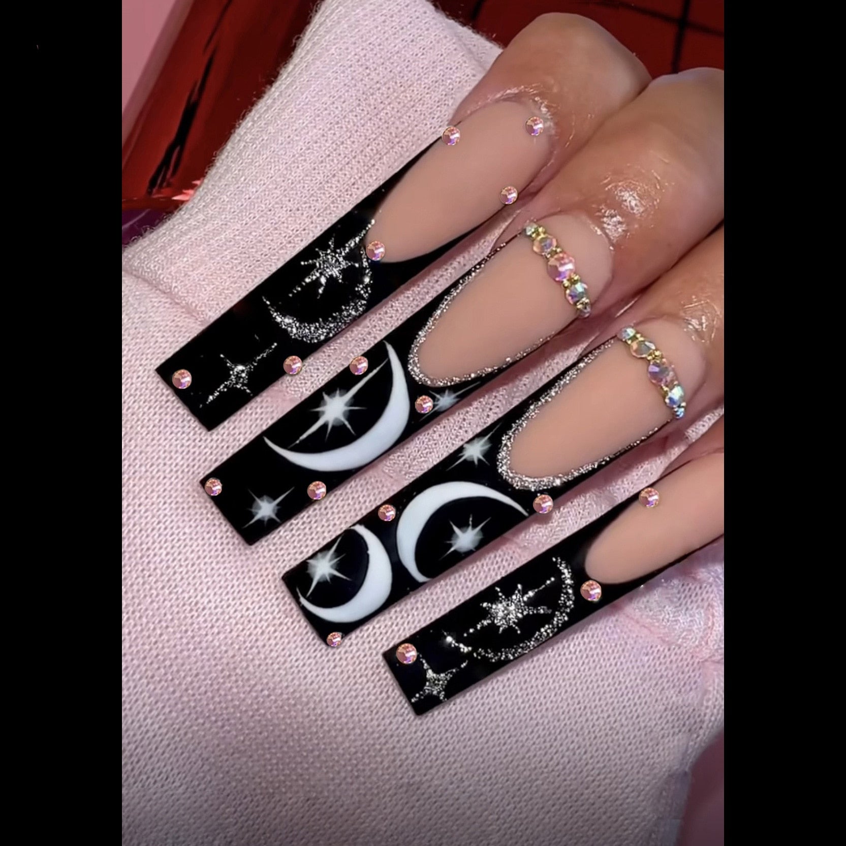 24Pcs Full Cover False Nails with Glue Long Square Coffin Fake Nails French Detachable Ballet Love Pattern Design Press on Nails 187