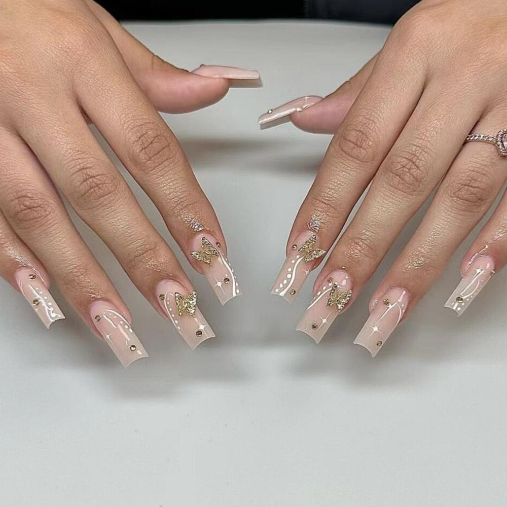 24Pcs Full Cover False Nails with Glue Long Square Coffin Fake Nails French Detachable Ballet Love Pattern Design Press on Nails 170