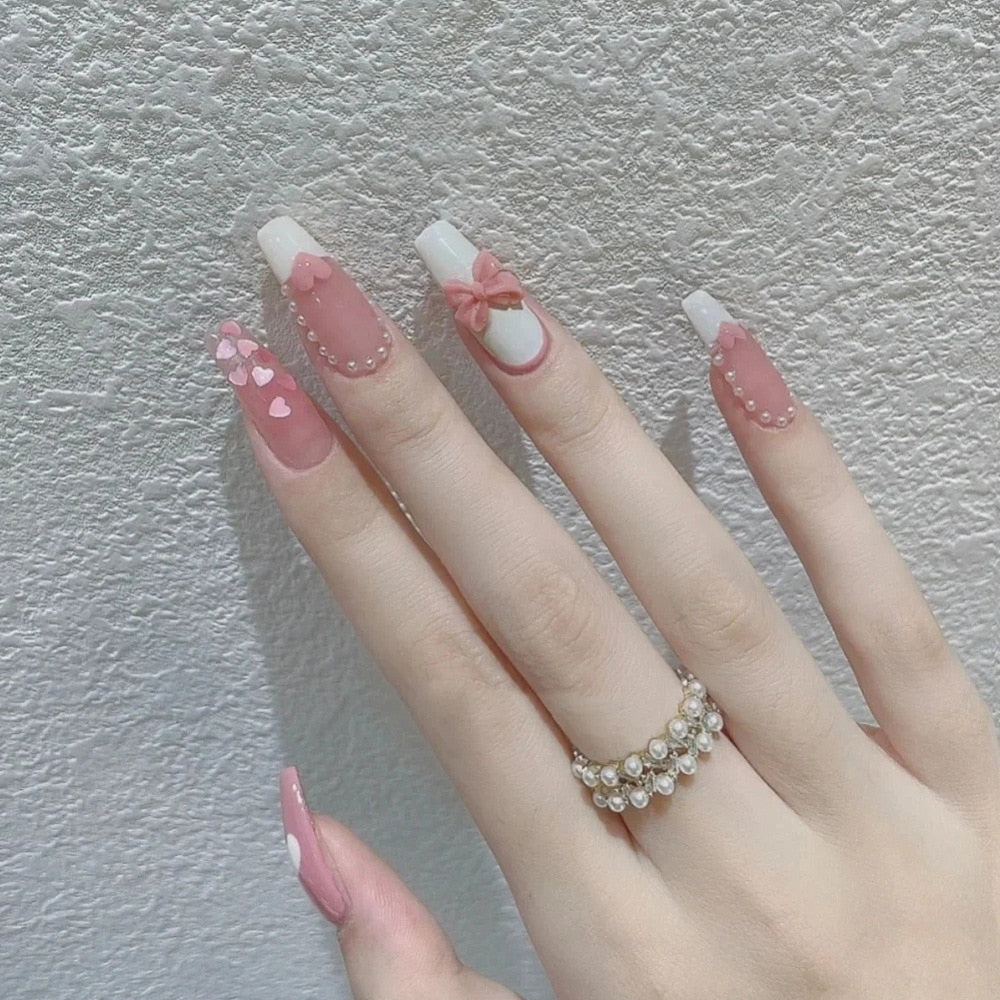 24Pcs Glitter Pink Fake Nails Press on French Set almond Cute Nail Art korean Fake Nails Acrylic Full Cover Tips with Glue DZ135