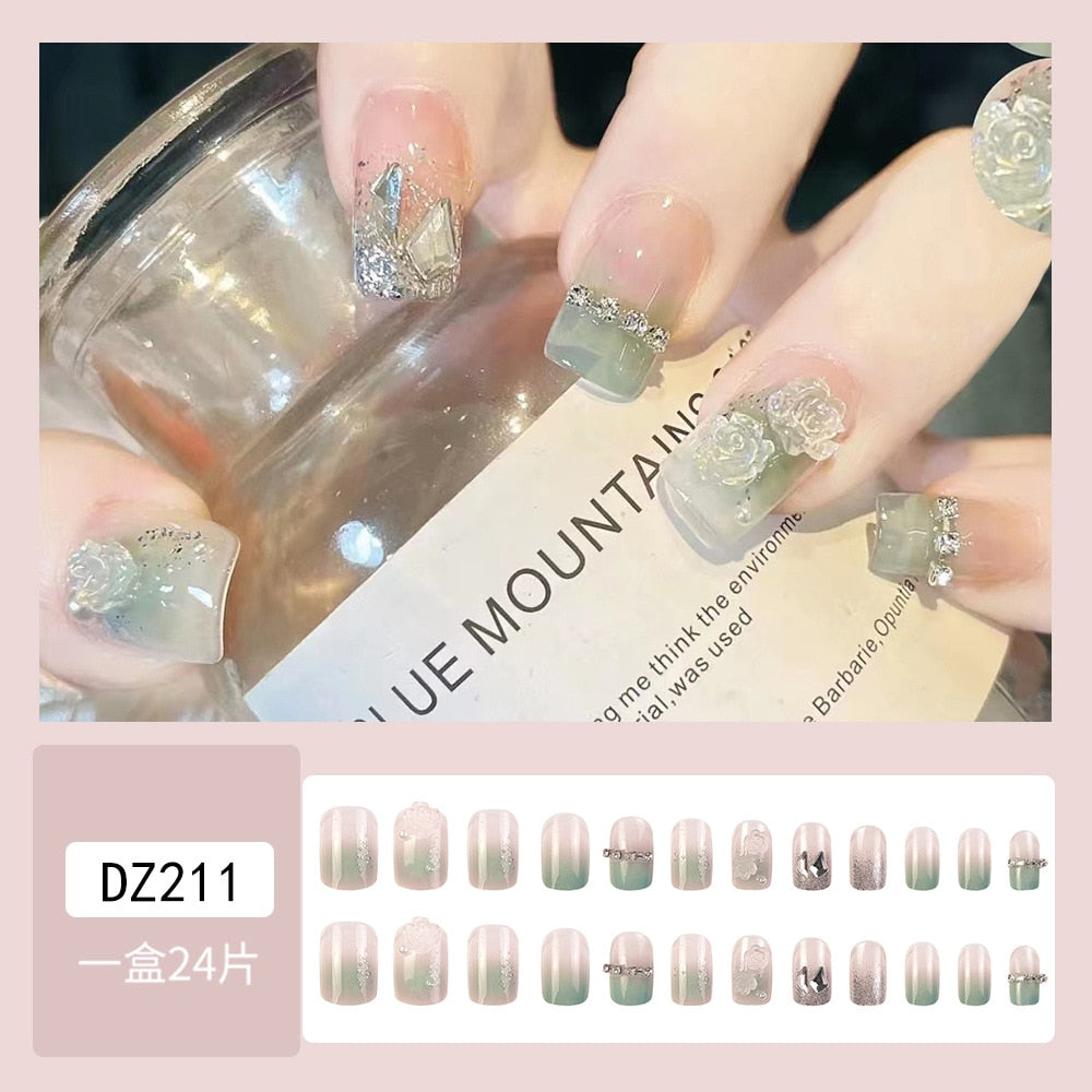 24Pcs Glitter Pink Fake Nails Press on French Set almond Cute Nail Art korean Fake Nails Acrylic Full Cover Tips with Glue DZ211-4-8