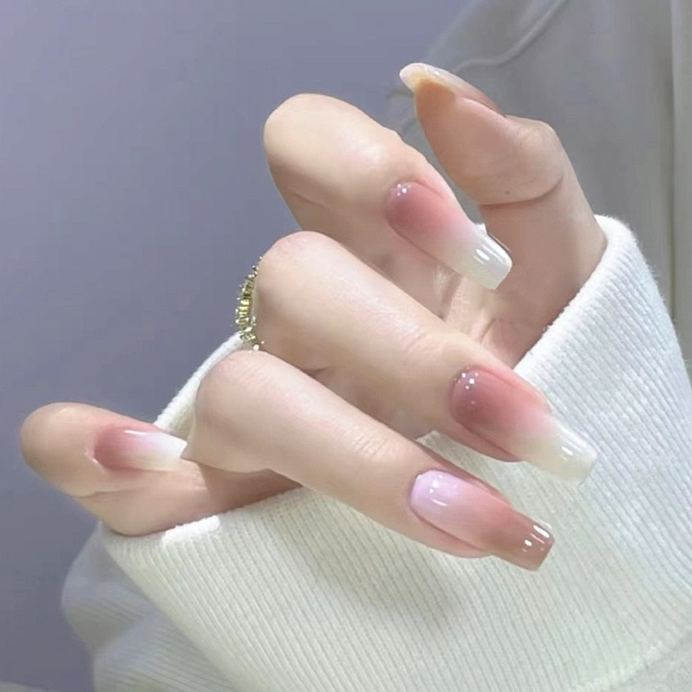 24Pcs Glitter Pink Fake Nails Press on French Set almond Cute Nail Art korean Fake Nails Acrylic Full Cover Tips with Glue CY265