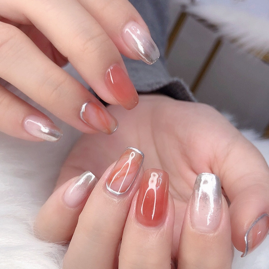 24Pcs Glitter Pink Fake Nails Press on French Set almond Cute Nail Art korean Fake Nails Acrylic Full Cover Tips with Glue DY339