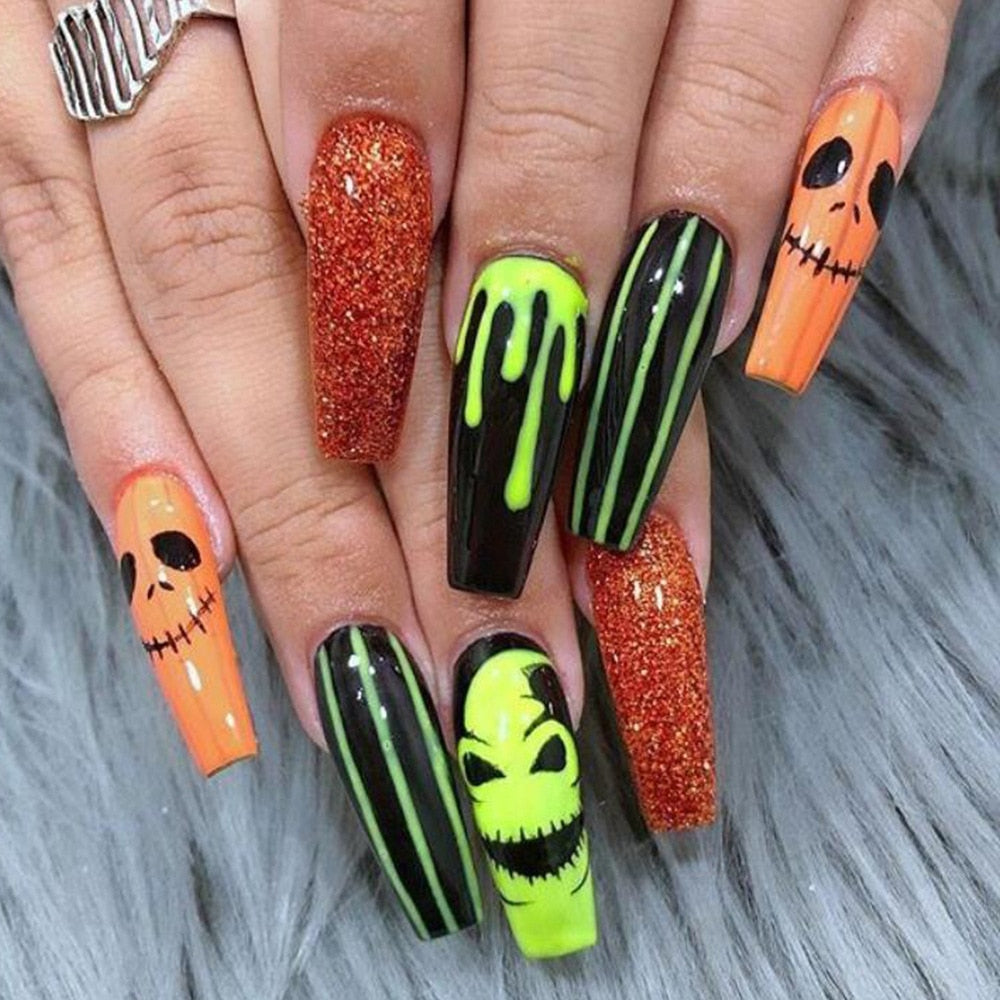 24Pcs Halloween Black Ghost Long Ballet False Nails With Heart Blood Design Halloween Press On Nails Detachable Full Cover Nails CY119