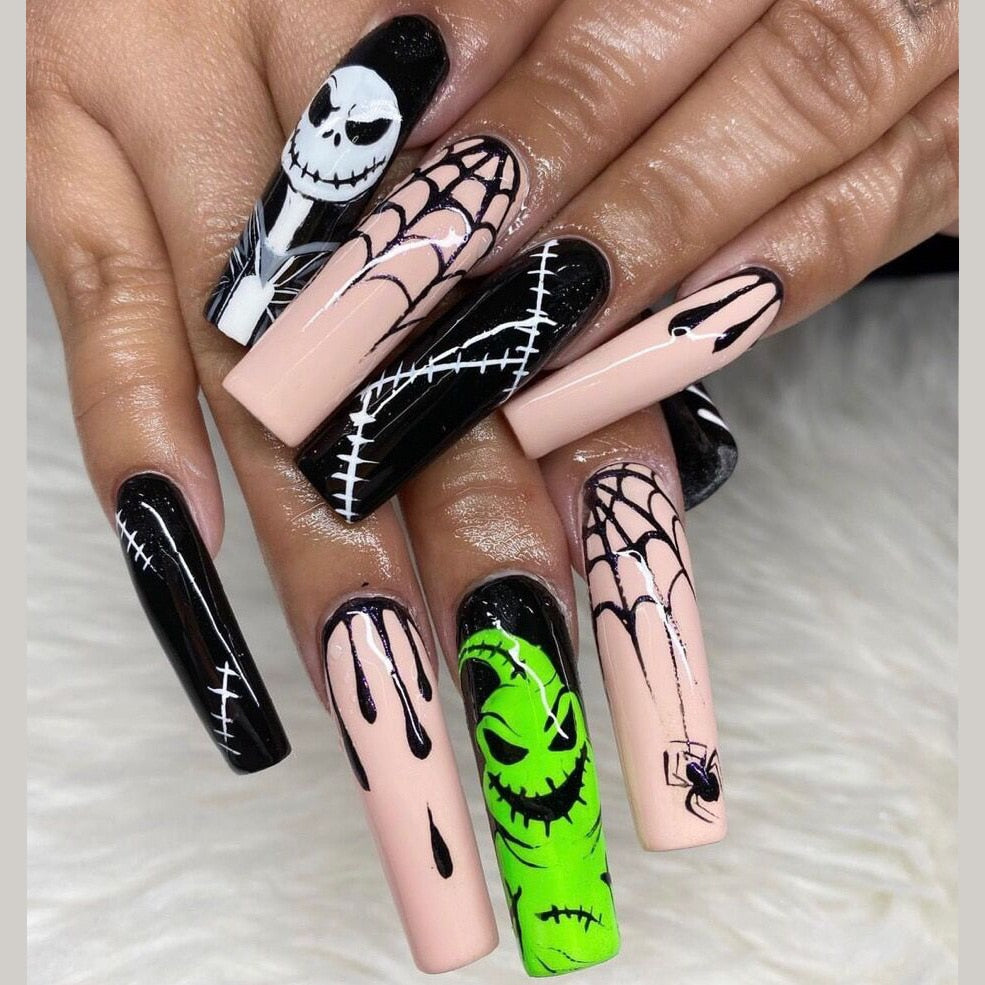 24Pcs Halloween Black Ghost Long Ballet False Nails With Heart Blood Design Halloween Press On Nails Detachable Full Cover Nails WM-01