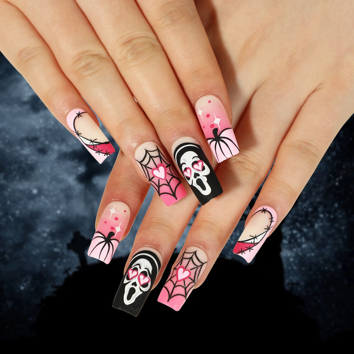 24Pcs Halloween Black Ghost Long Ballet False Nails With Heart Blood Design Halloween Press On Nails Detachable Full Cover Nails 2510