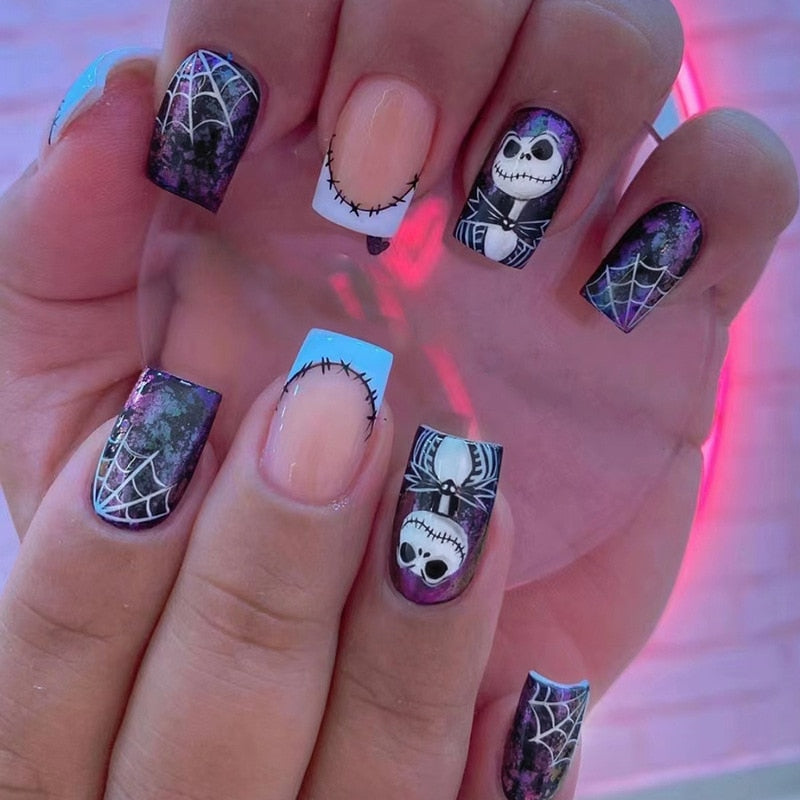 24Pcs Halloween Black Ghost Long Ballet False Nails With Heart Blood Design Halloween Press On Nails Detachable Full Cover Nails 801