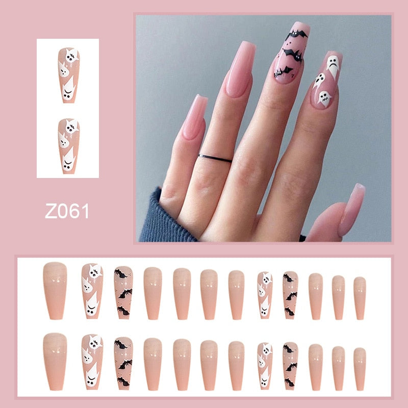 24Pcs Halloween Black Ghost Long Ballet False Nails With Heart Blood Design Halloween Press On Nails Detachable Full Cover Nails 61