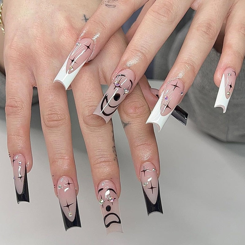 24Pcs Halloween Black Ghost Long Ballet False Nails With Heart Blood Design Halloween Press On Nails Detachable Full Cover Nails 592